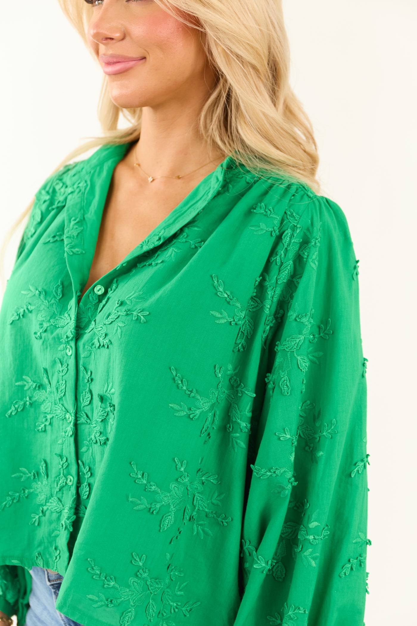 Jade Floral Embroidery Button Down Long Sleeve Top