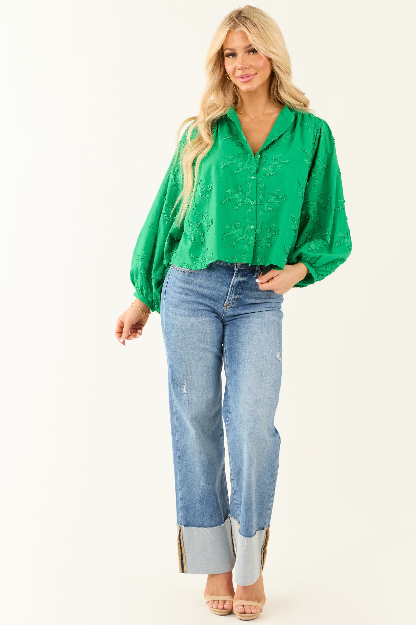 Jade Floral Embroidery Button Down Long Sleeve Top