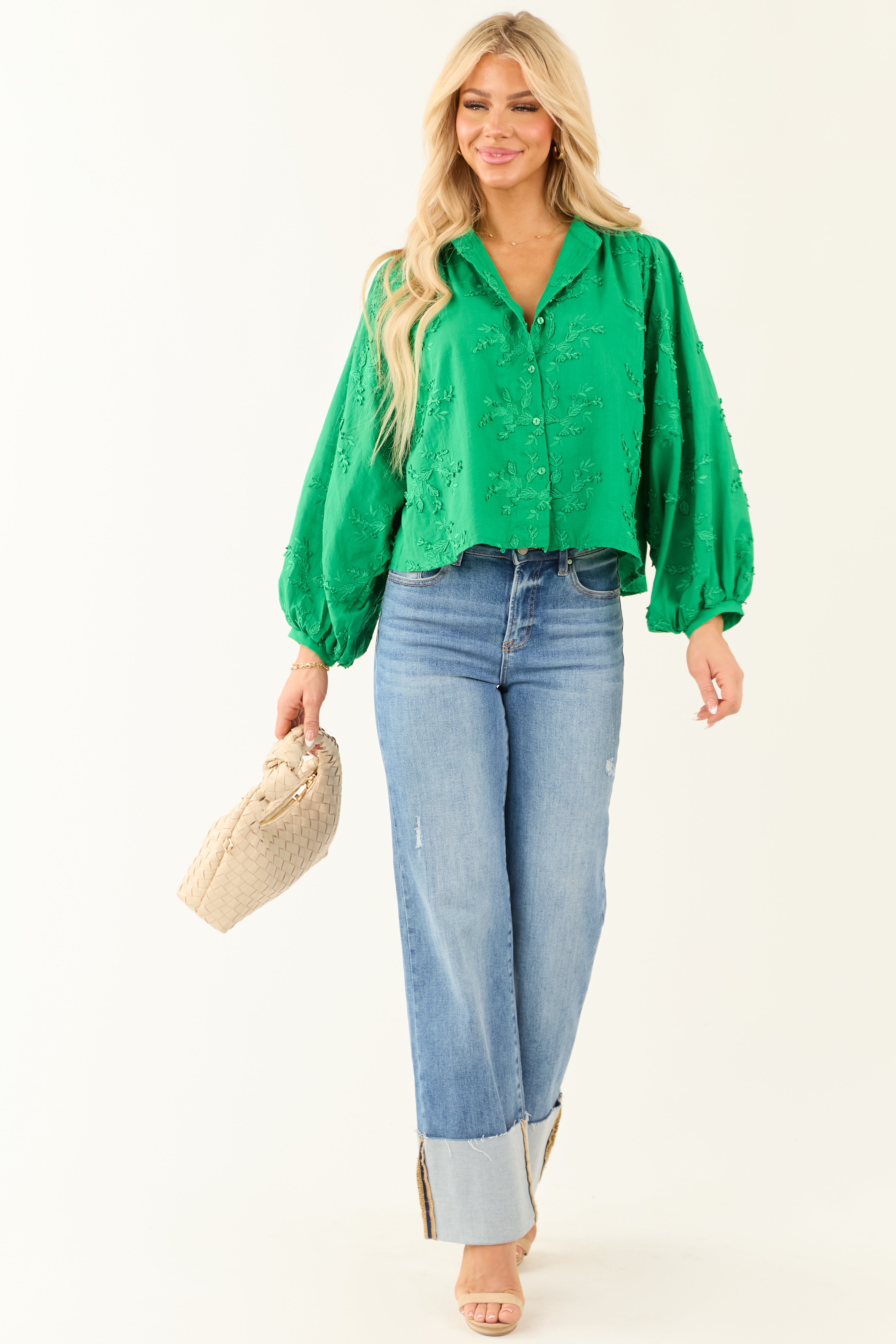 Jade Floral Embroidery Button Down Long Sleeve Top