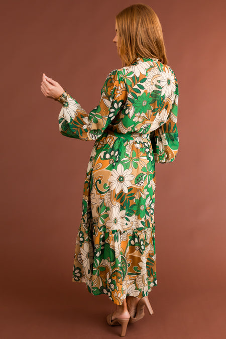 Jade Floral Print Belted Waist Midi Dress