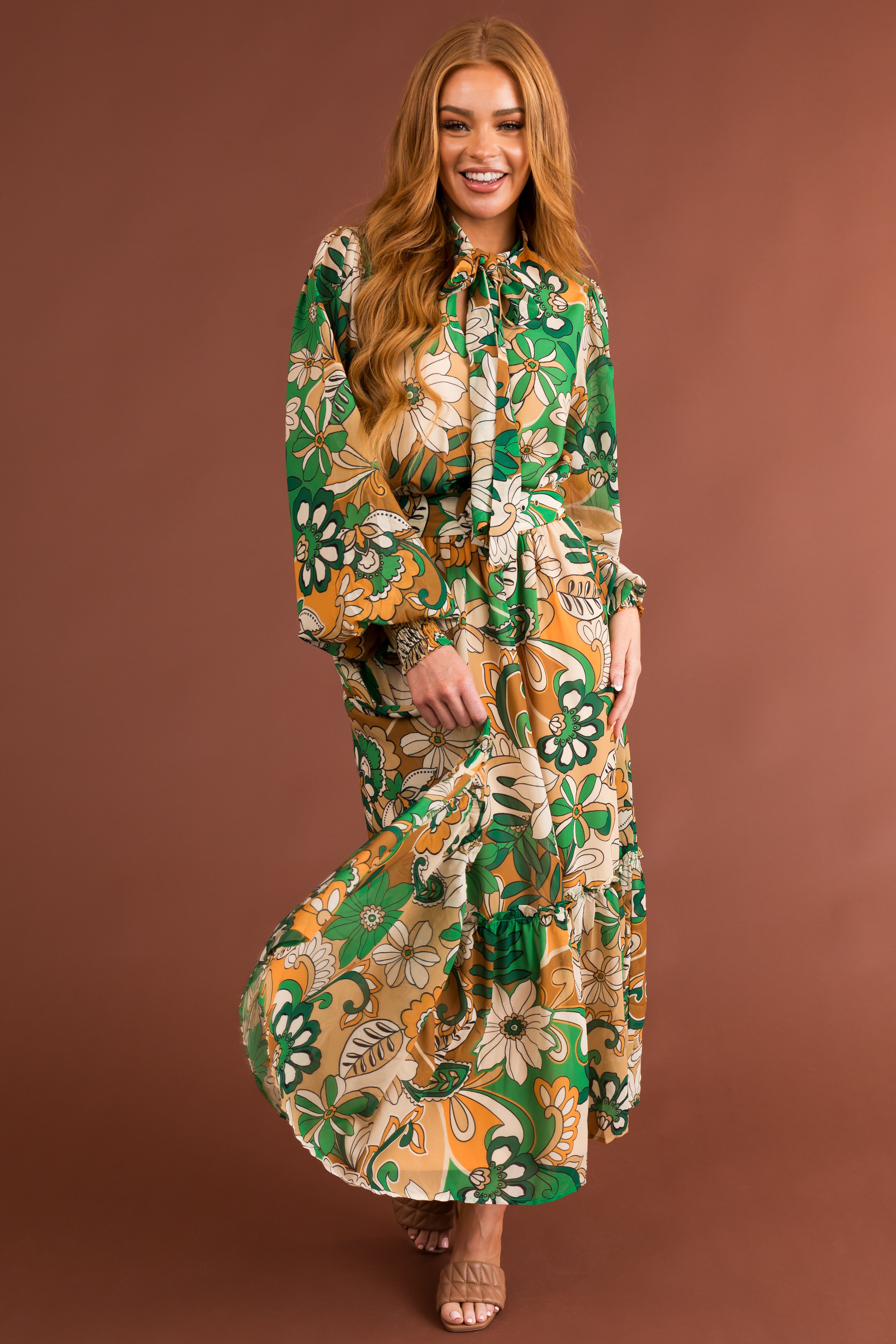 Jade Floral Print Belted Waist Midi Dress