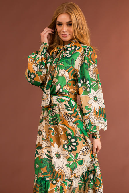 Jade Floral Print Belted Waist Midi Dress