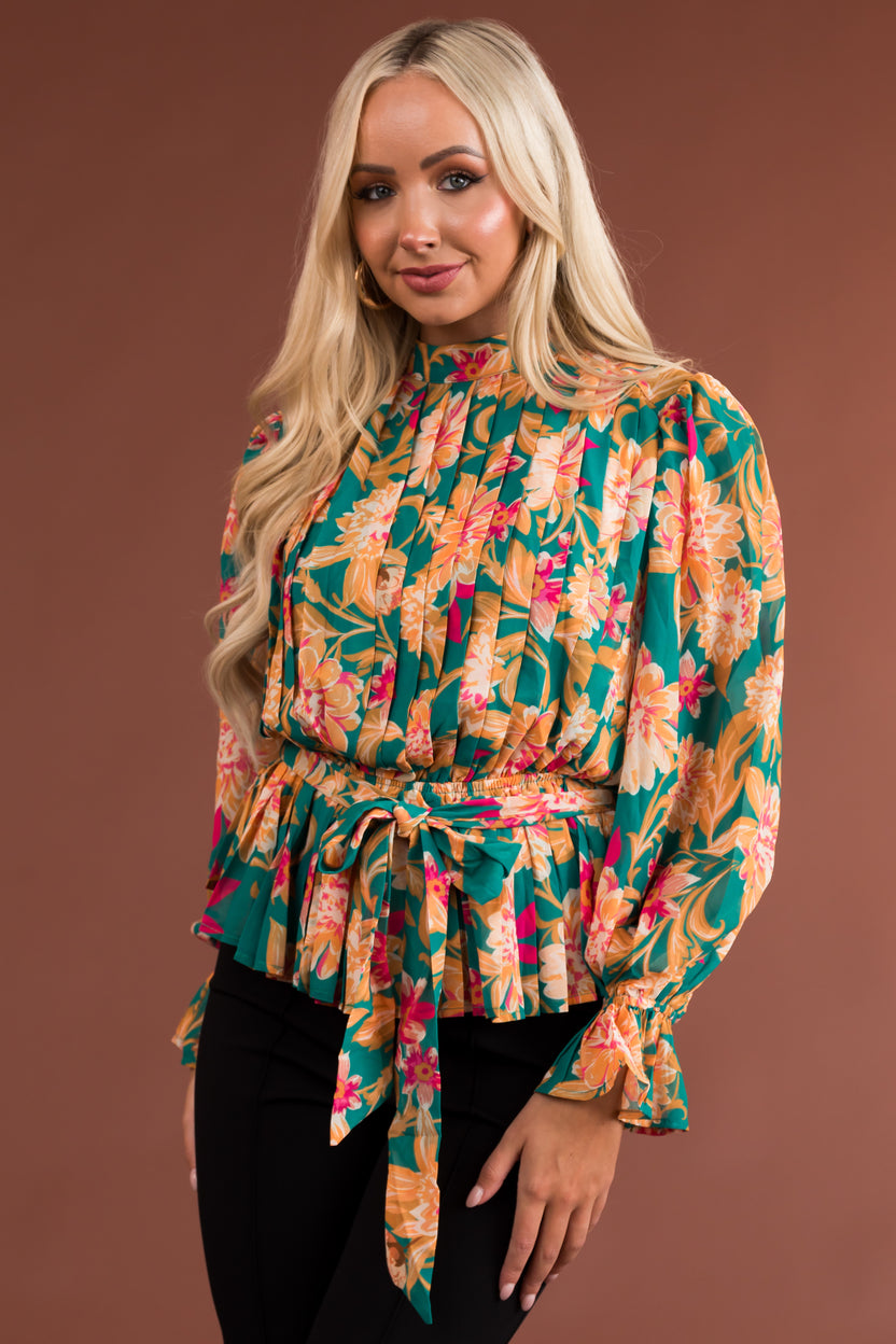 Jade Floral Print Long Sleeve Pleated Blouse