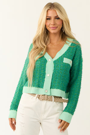 Jade Frayed Tweed Button Up Cardigan