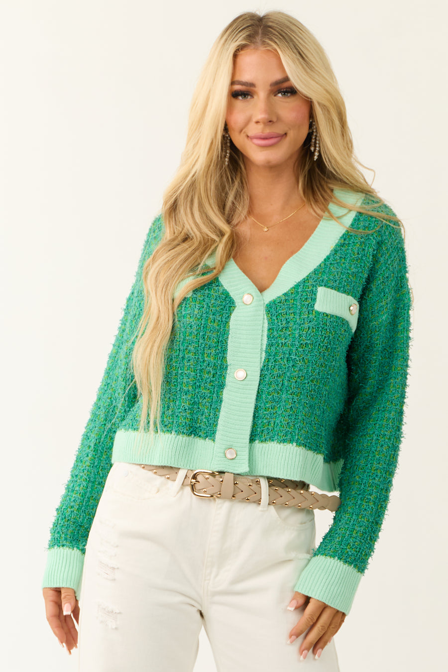 Jade Frayed Tweed Button Up Cardigan