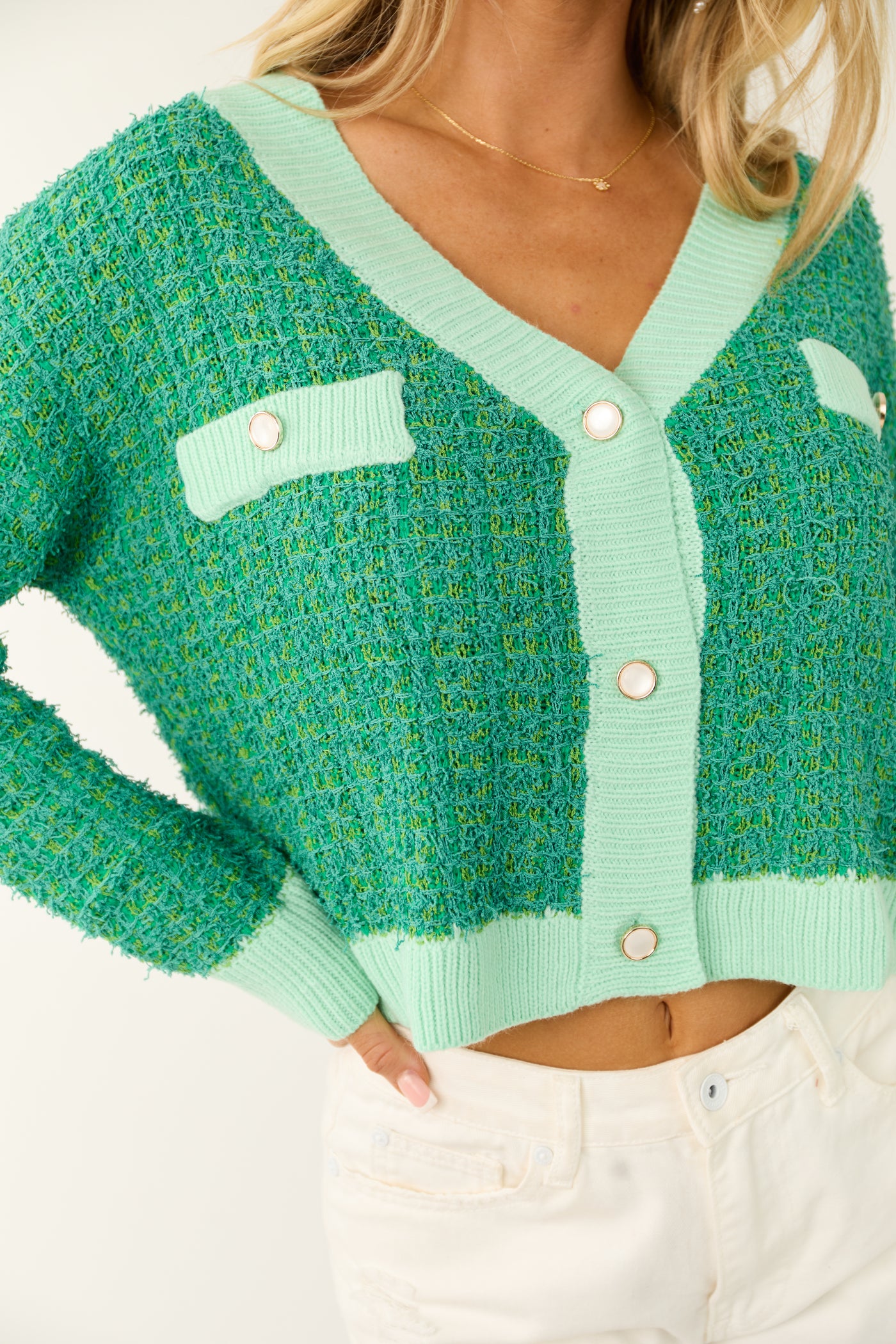 Jade Frayed Tweed Button Up Cardigan