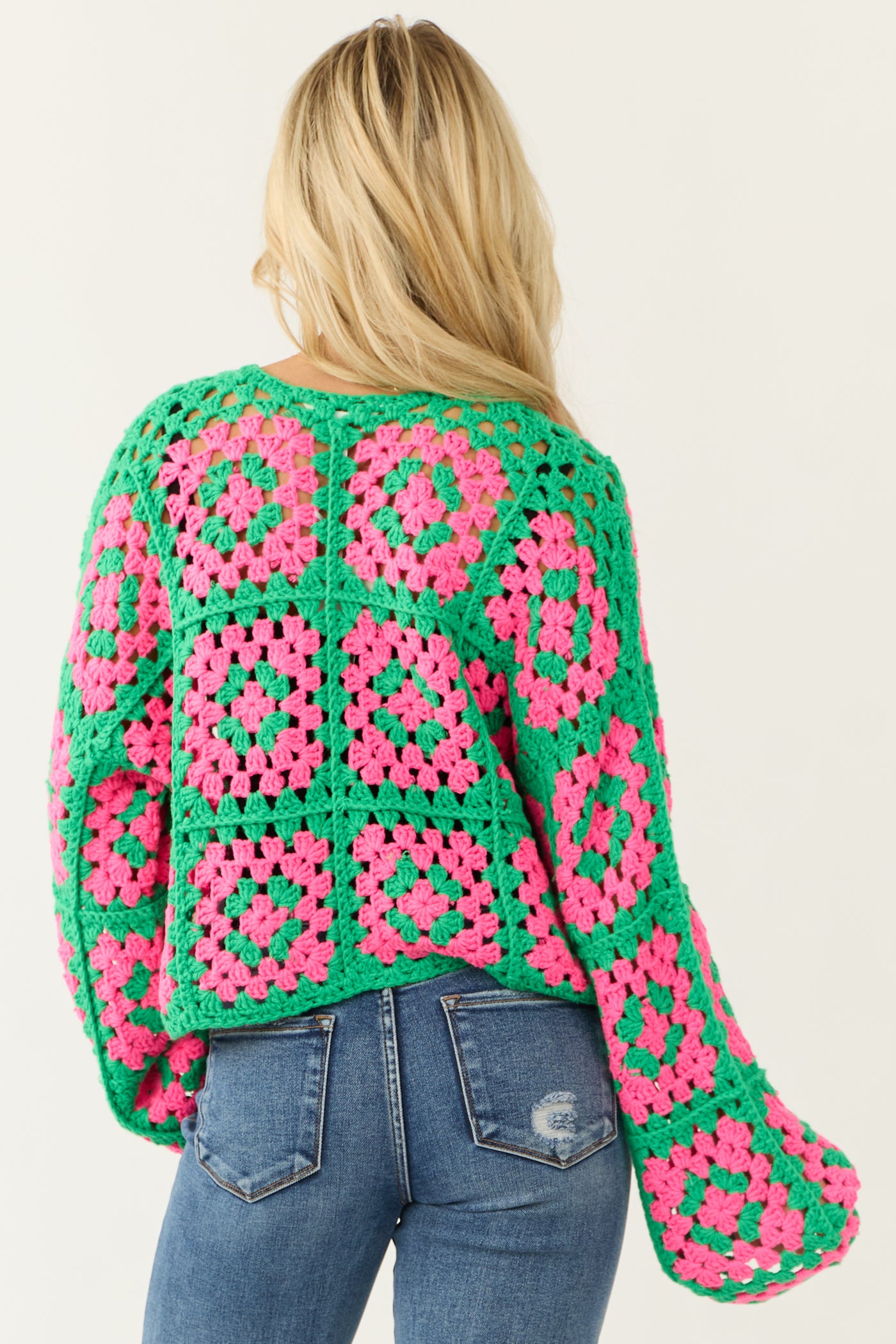 Jade Granny Square Crochet Open Cardigan