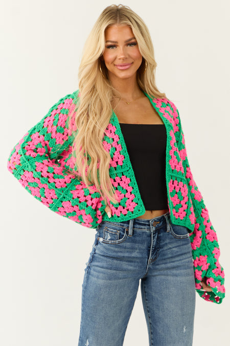 Jade Granny Square Crochet Open Cardigan