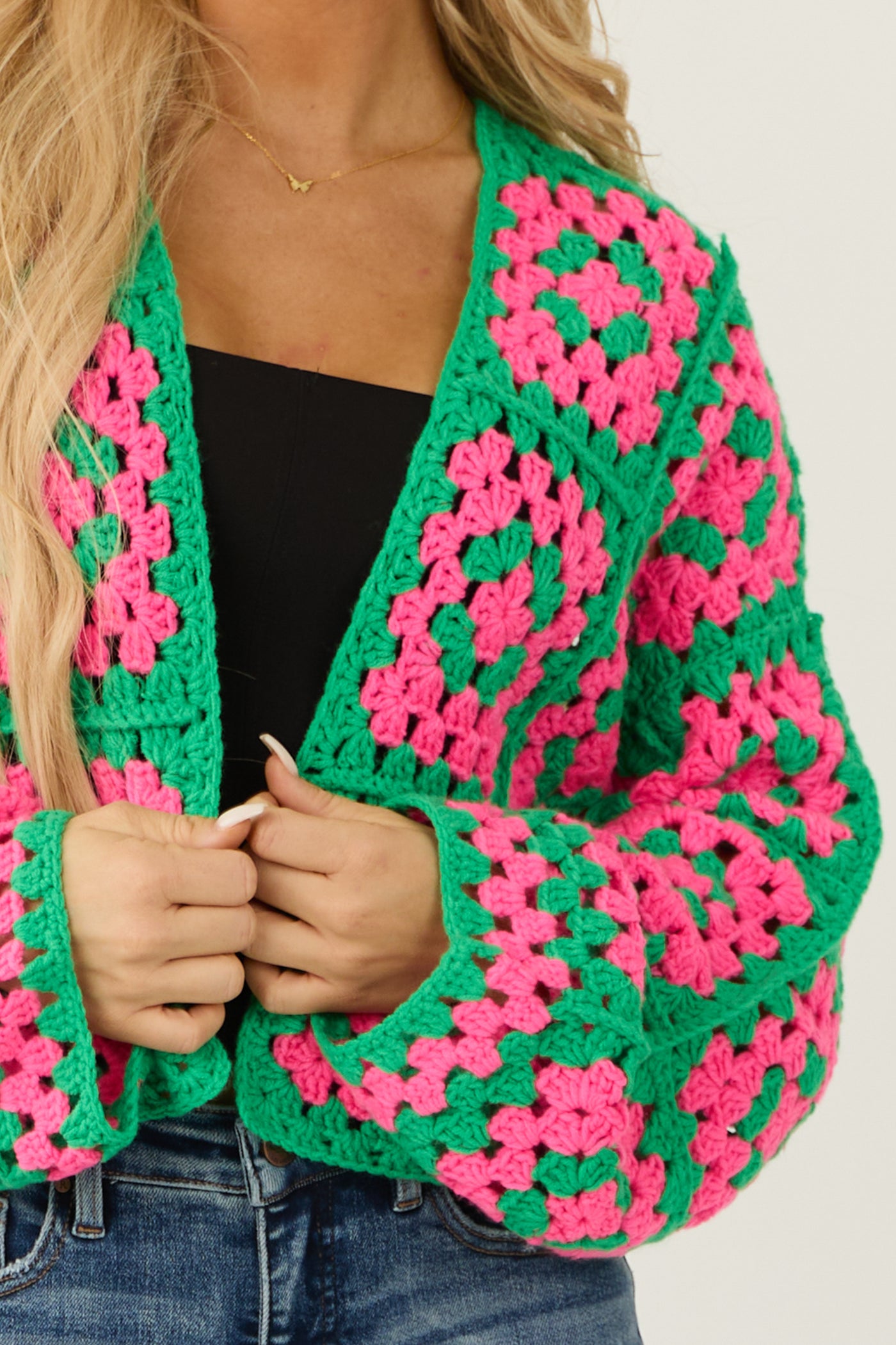 Jade Granny Square Crochet Open Cardigan