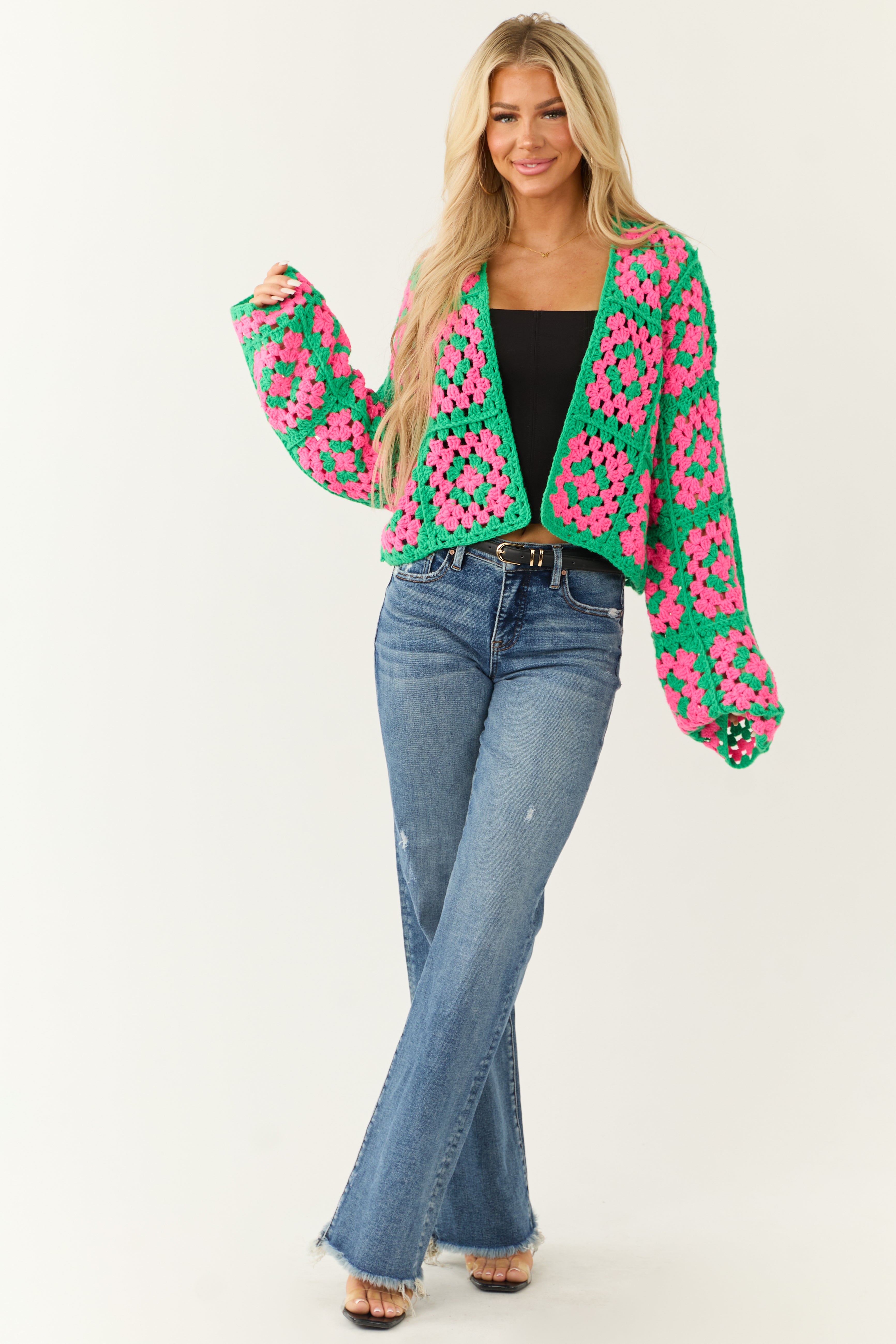 Jade Granny Square Crochet Open Cardigan