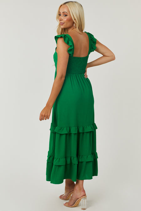 Jade Green Square Neck Ruffle Trim Maxi Dress