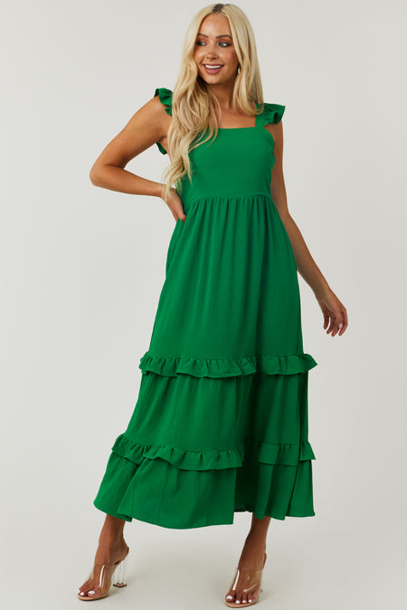 Jade Green Square Neck Ruffle Trim Maxi Dress