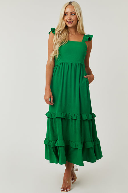 Jade Green Square Neck Ruffle Trim Maxi Dress