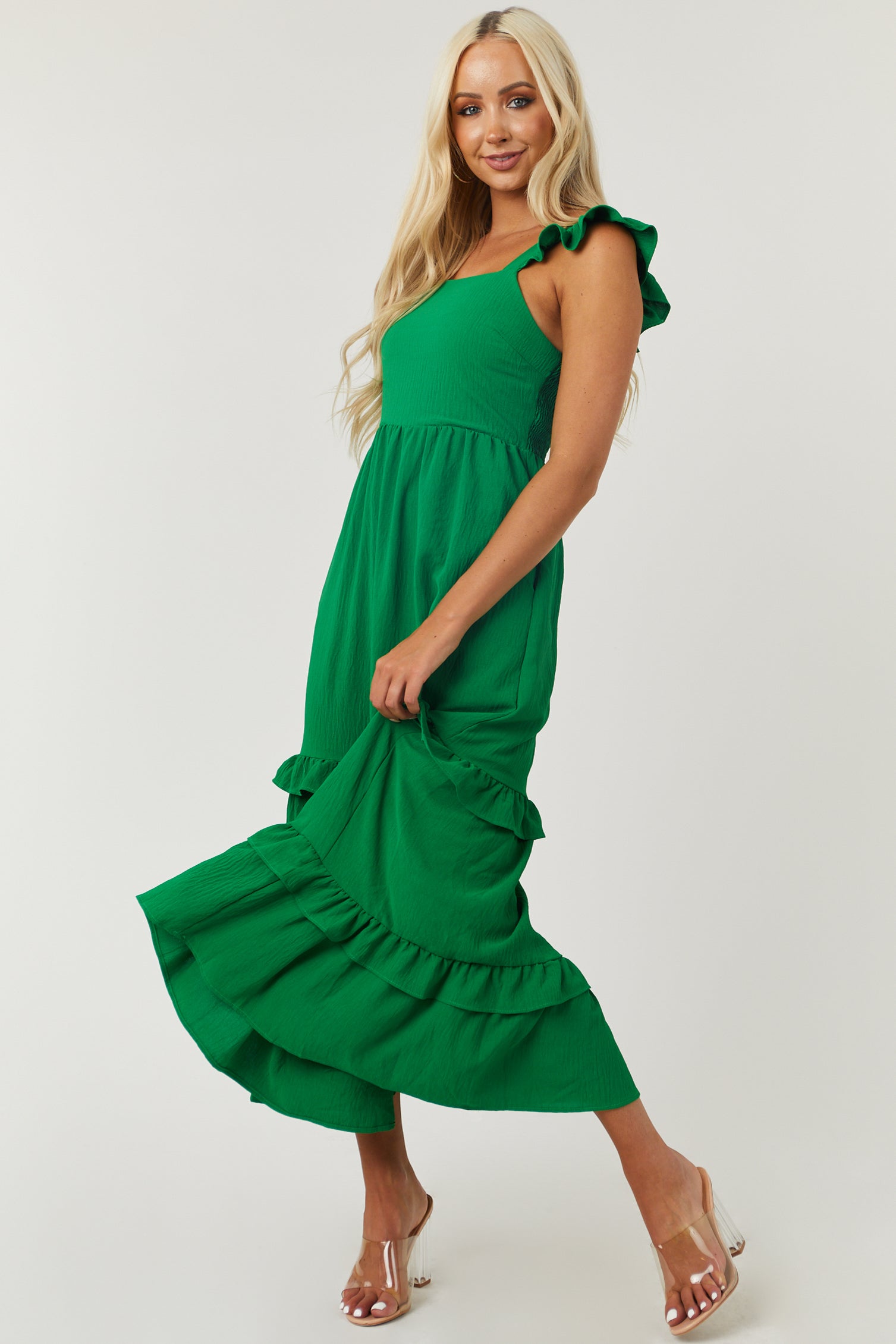 Jade Green Square Neck Ruffle Trim Maxi Dress