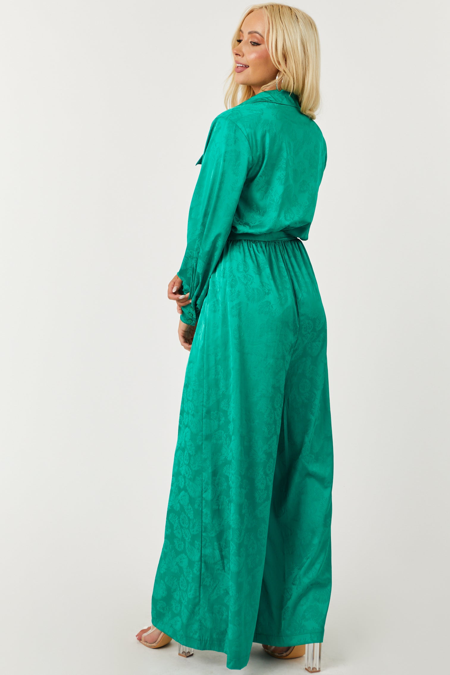 Jade Leaf Jacquard Long Sleeve Satin Jumpsuit