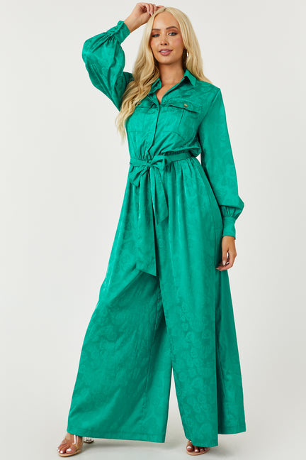 Jade Leaf Jacquard Long Sleeve Satin Jumpsuit