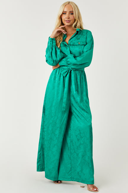 Jade Leaf Jacquard Long Sleeve Satin Jumpsuit