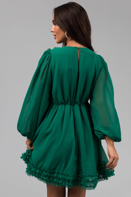 Jade Long Sleeve Ruffle Detail Short Dress