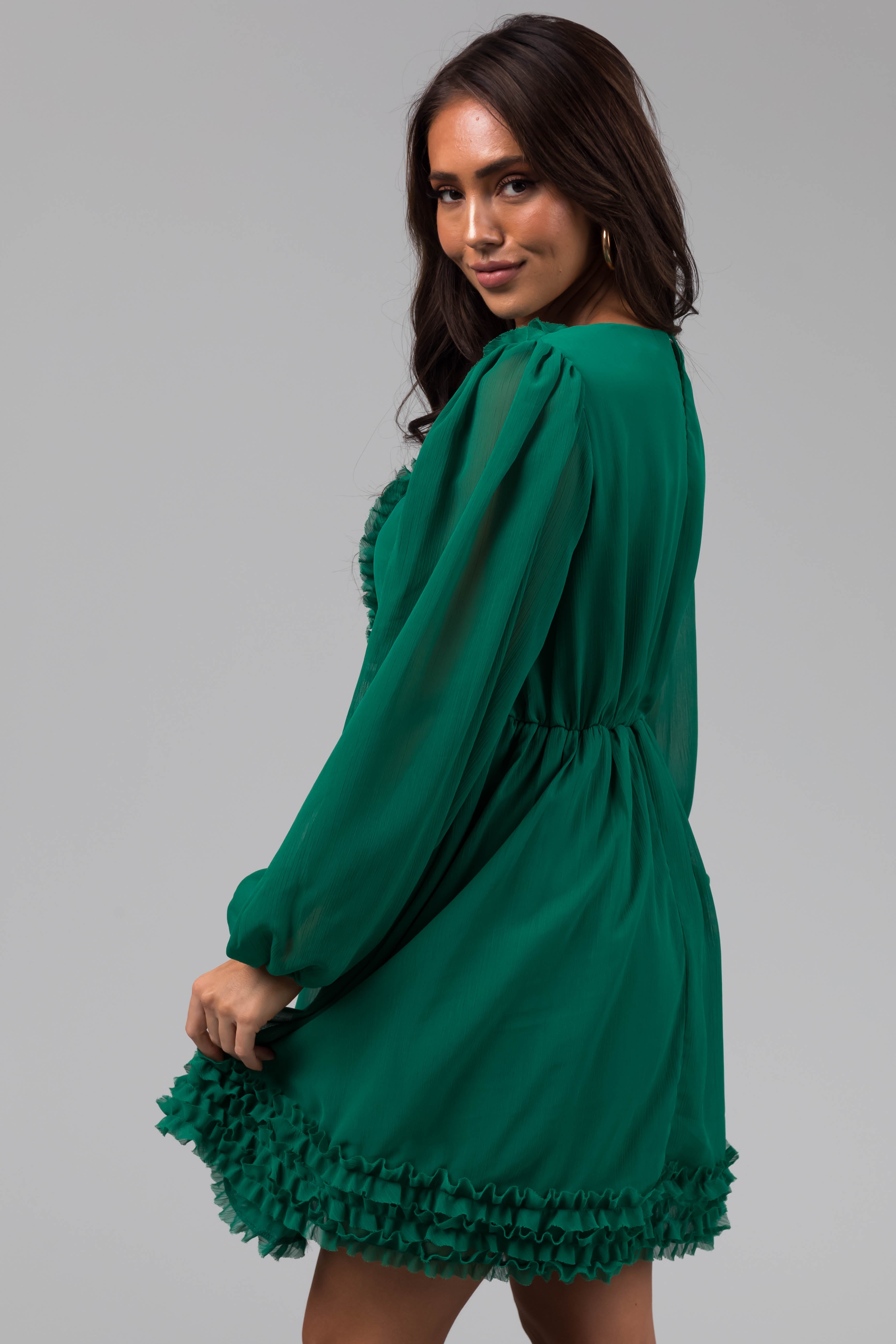 Jade Long Sleeve Ruffle Detail Short Dress