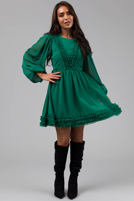 Jade Long Sleeve Ruffle Detail Short Dress