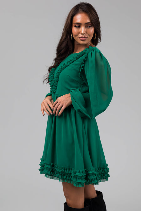 Jade Long Sleeve Ruffle Detail Short Dress