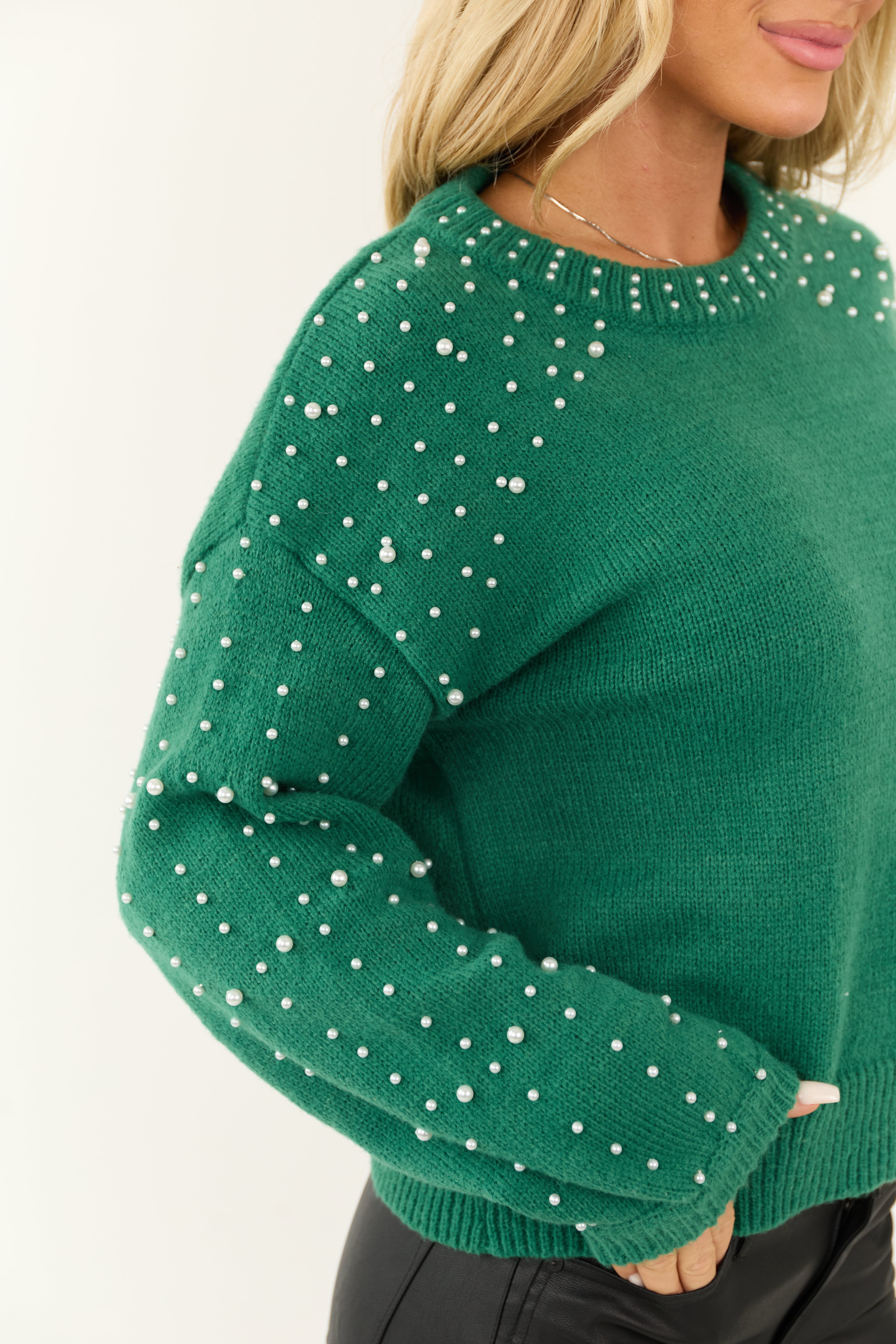 Jade Pearl Accent Balloon Sleeve Knit Sweater