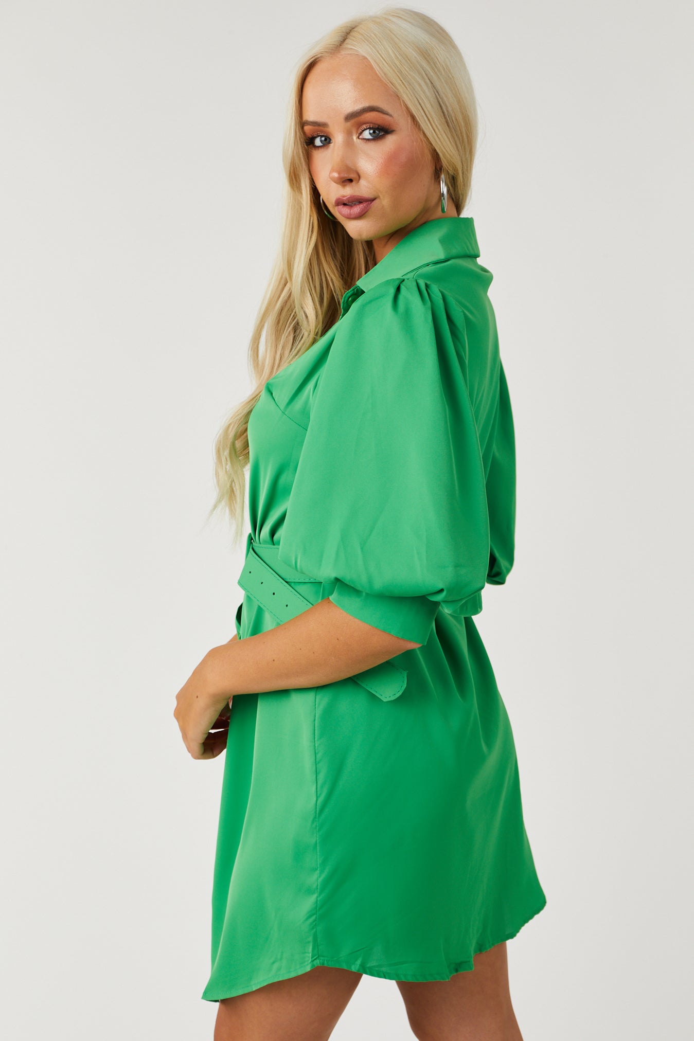 Jade Puff Sleeve Button Down Shirt Dress