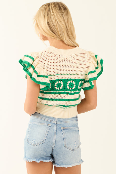 Jade Ruffle Short Sleeve Crochet Knit Sweater