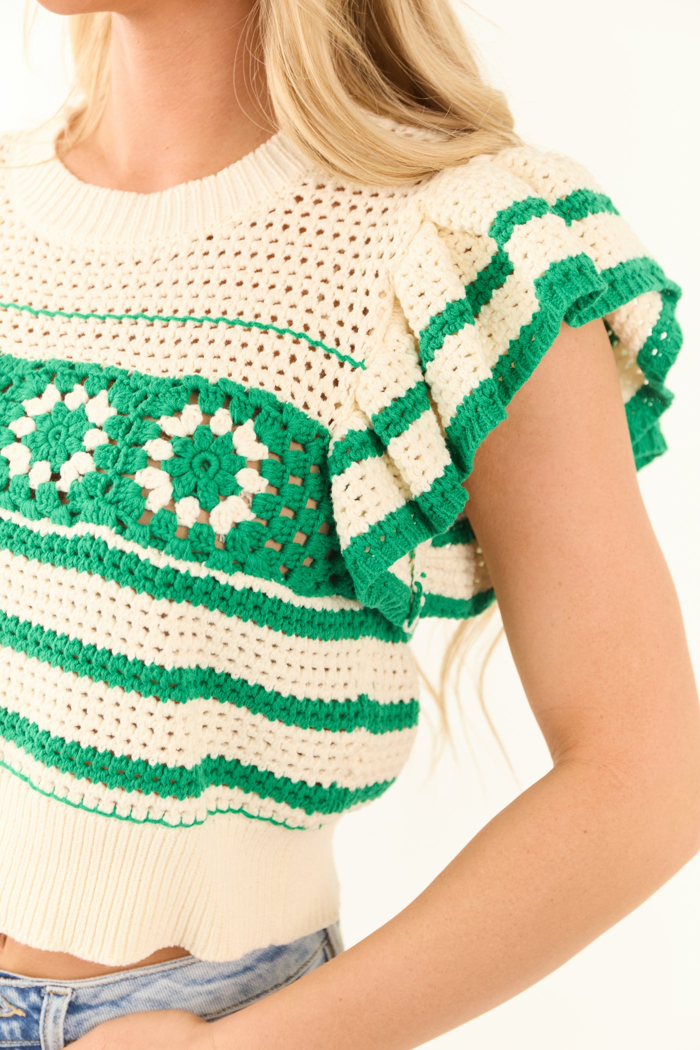 Jade Ruffle Short Sleeve Crochet Knit Sweater