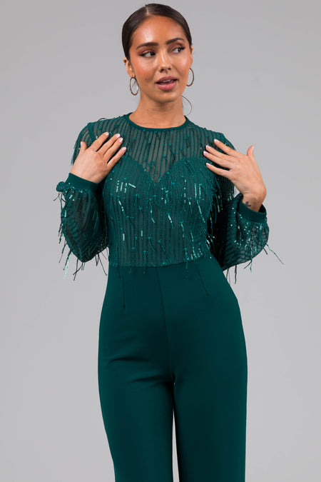 Jade Sequin Fringe Long Sleeve Flare Jumpsuit