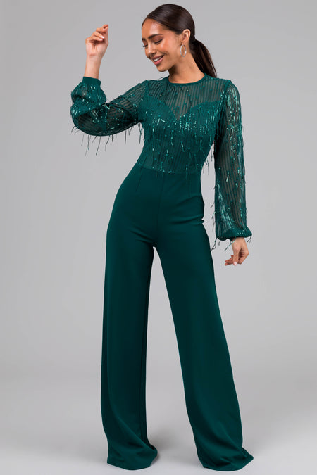 Jade Sequin Fringe Long Sleeve Flare Jumpsuit