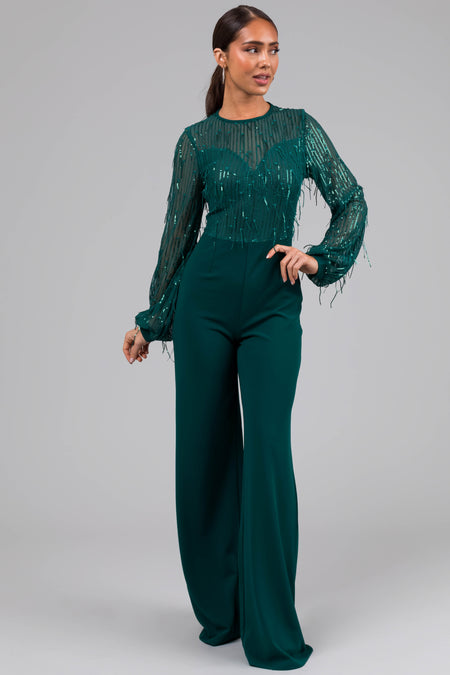 Jade Sequin Fringe Long Sleeve Flare Jumpsuit