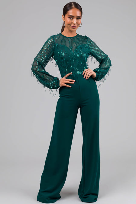 Jade Sequin Fringe Long Sleeve Flare Jumpsuit