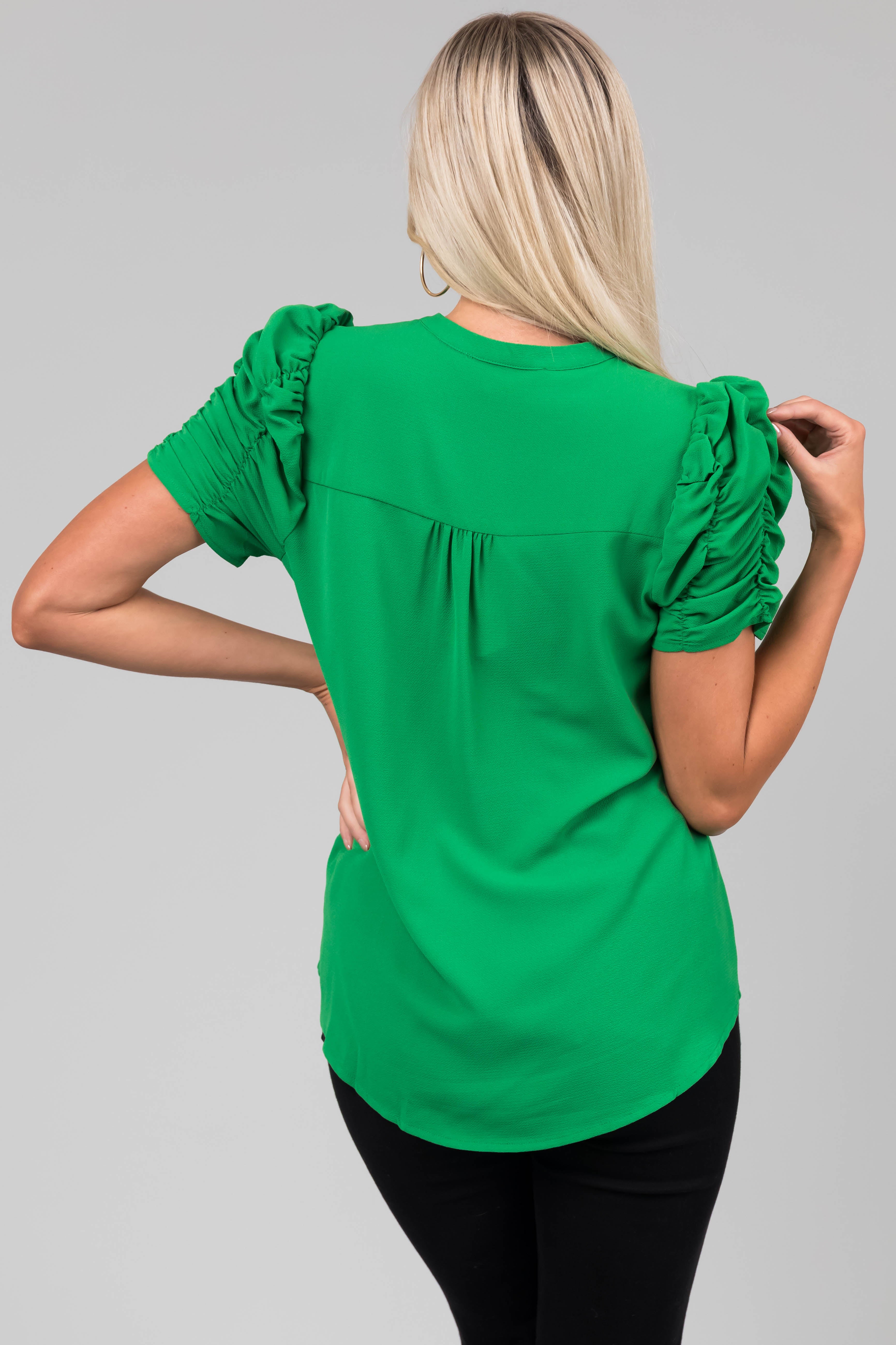 Jade Short Ruched Sleeve V Neck Blouse