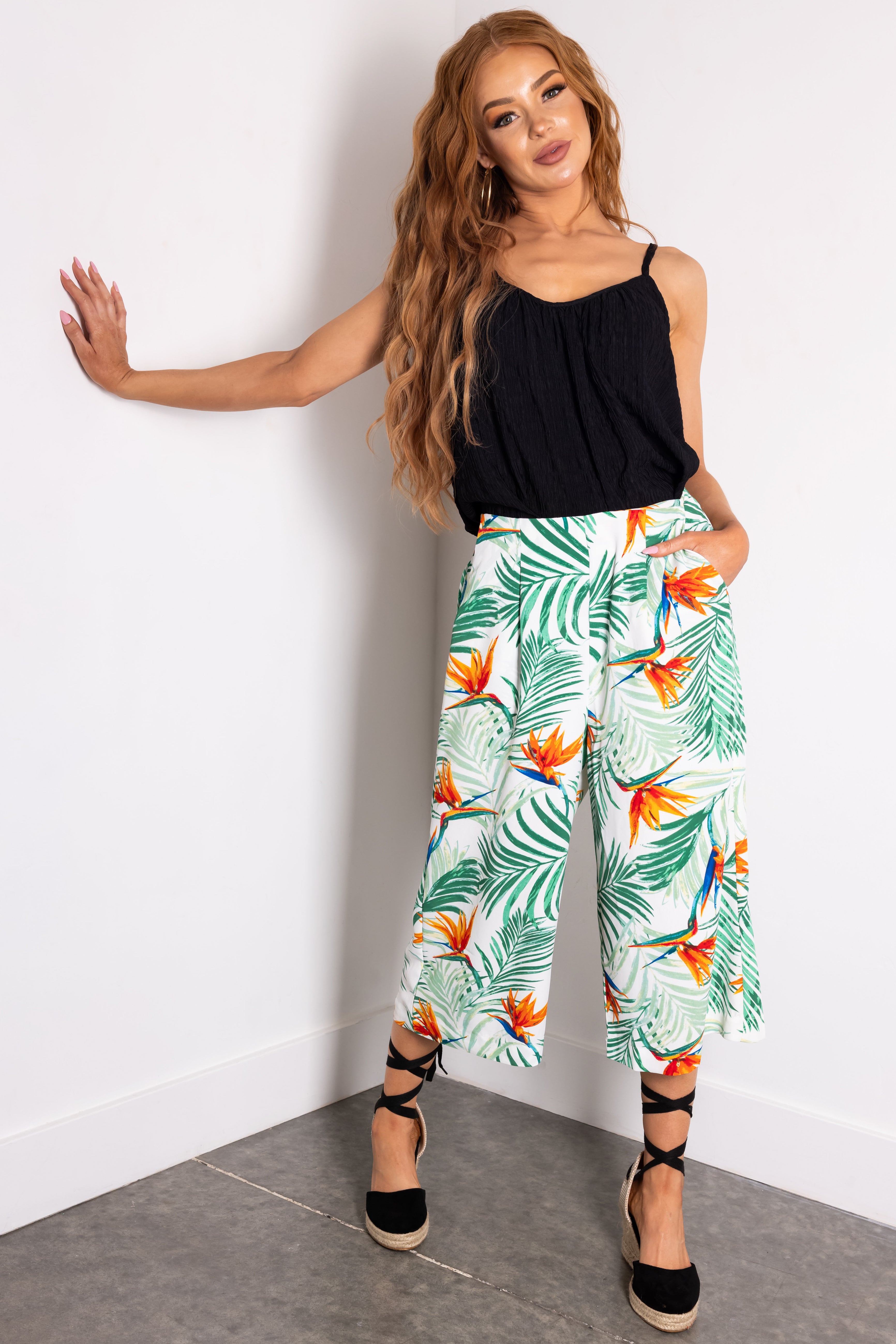 Jade Tropical Print Cropped Wide Leg Pants