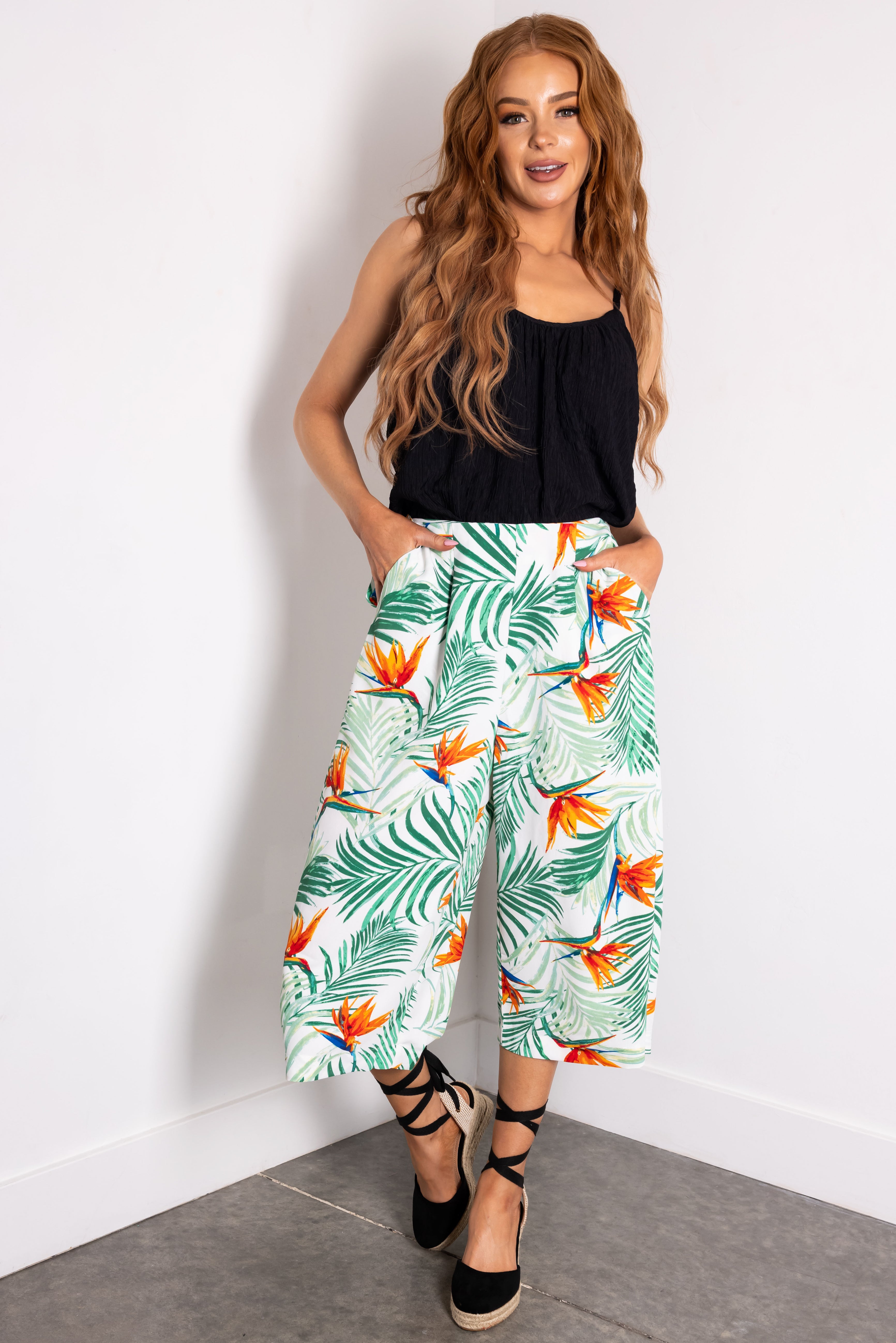 Jade Tropical Print Cropped Wide Leg Pants