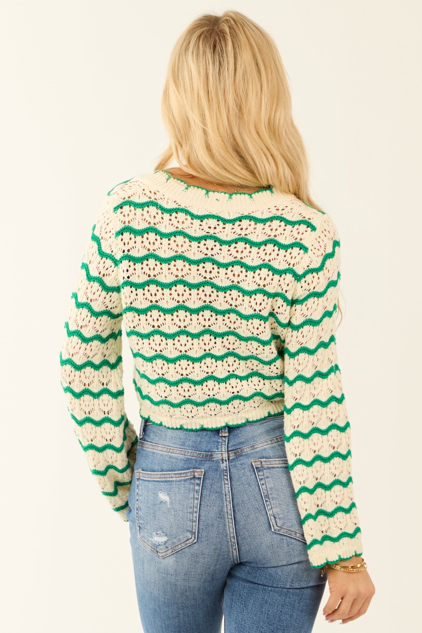 Jade Zig Zag Striped Front Tie Crochet Knit Cardigan