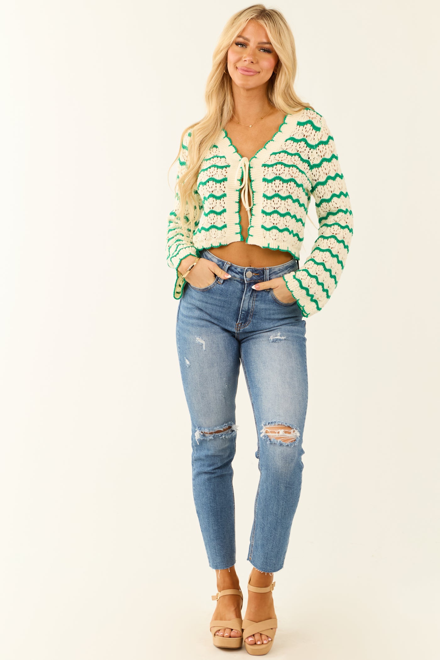 Jade Zig Zag Striped Front Tie Crochet Knit Cardigan