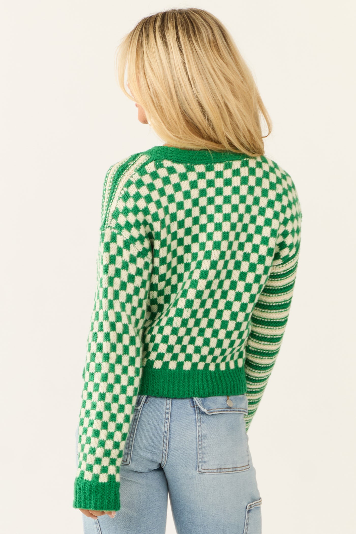 Jade and Cream Checkered and Stripe Print Cardigan