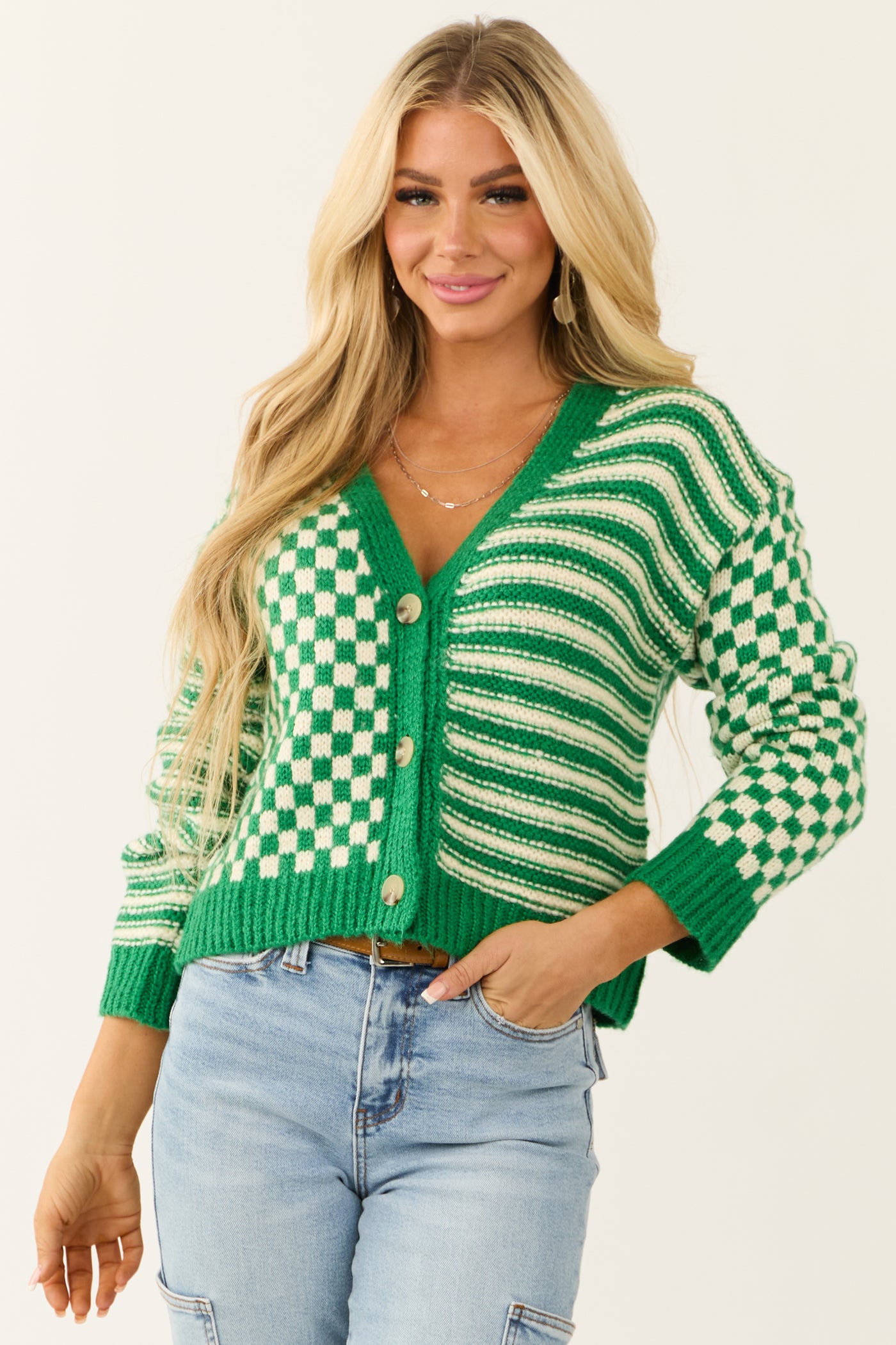 Jade and Cream Checkered and Stripe Print Cardigan