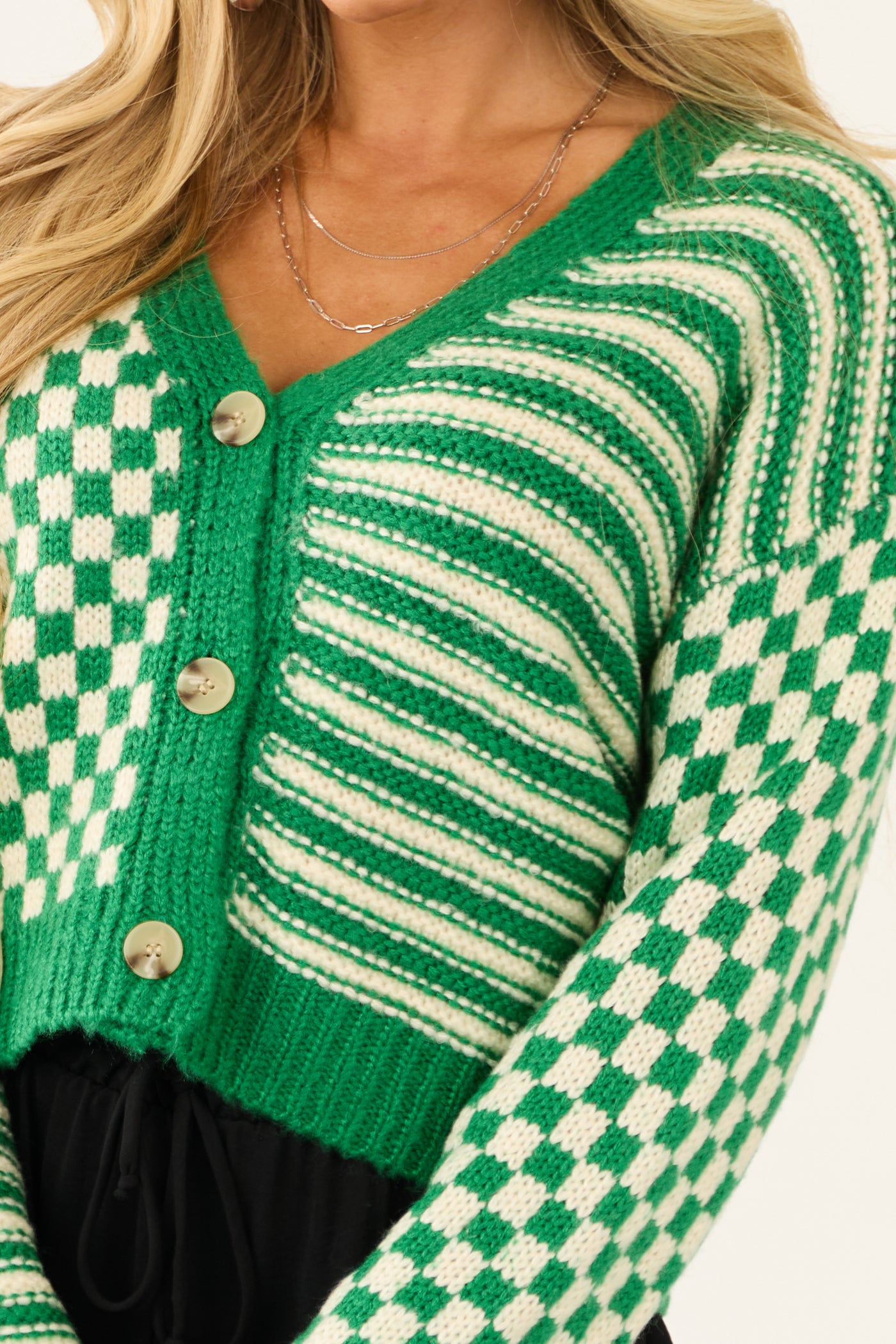 Jade and Cream Checkered and Stripe Print Cardigan