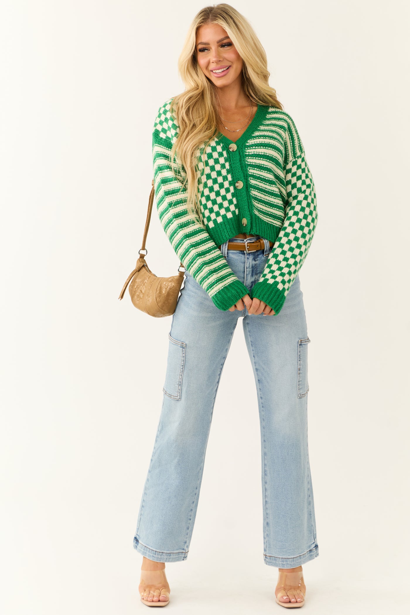 Jade and Cream Checkered and Stripe Print Cardigan