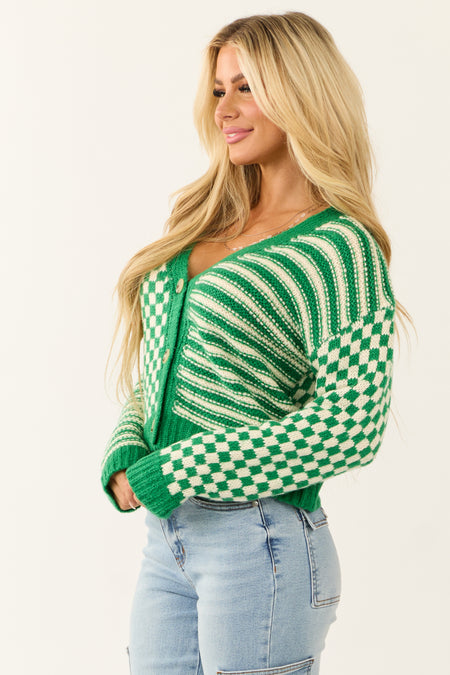 Jade and Cream Checkered and Stripe Print Cardigan