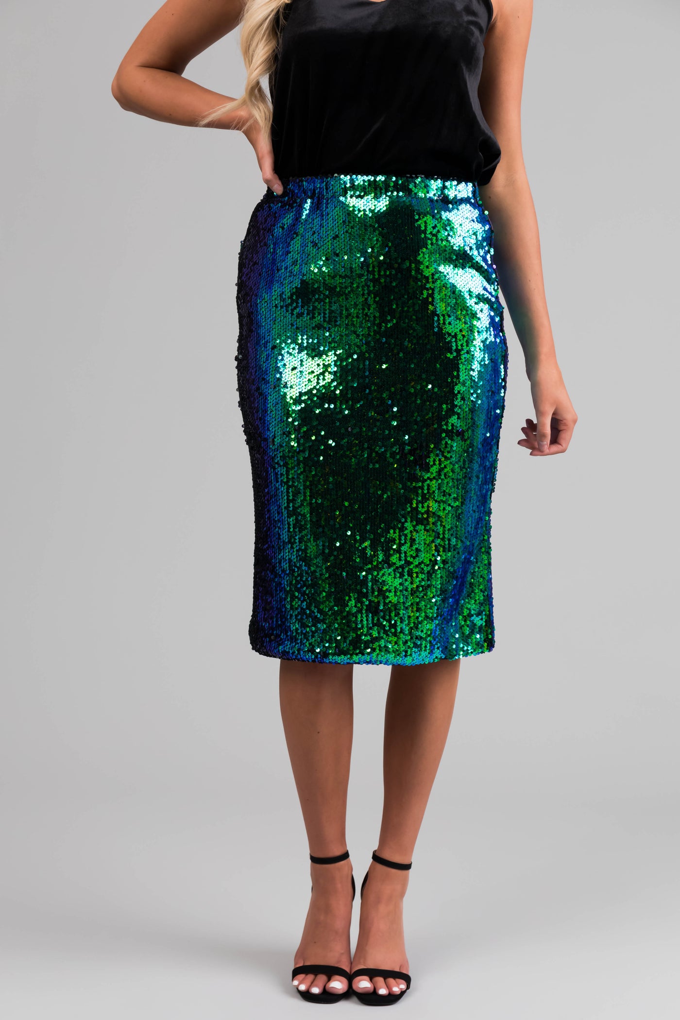 Jade and Royal Blue Sequined Elastic Skirt | Lime Lush