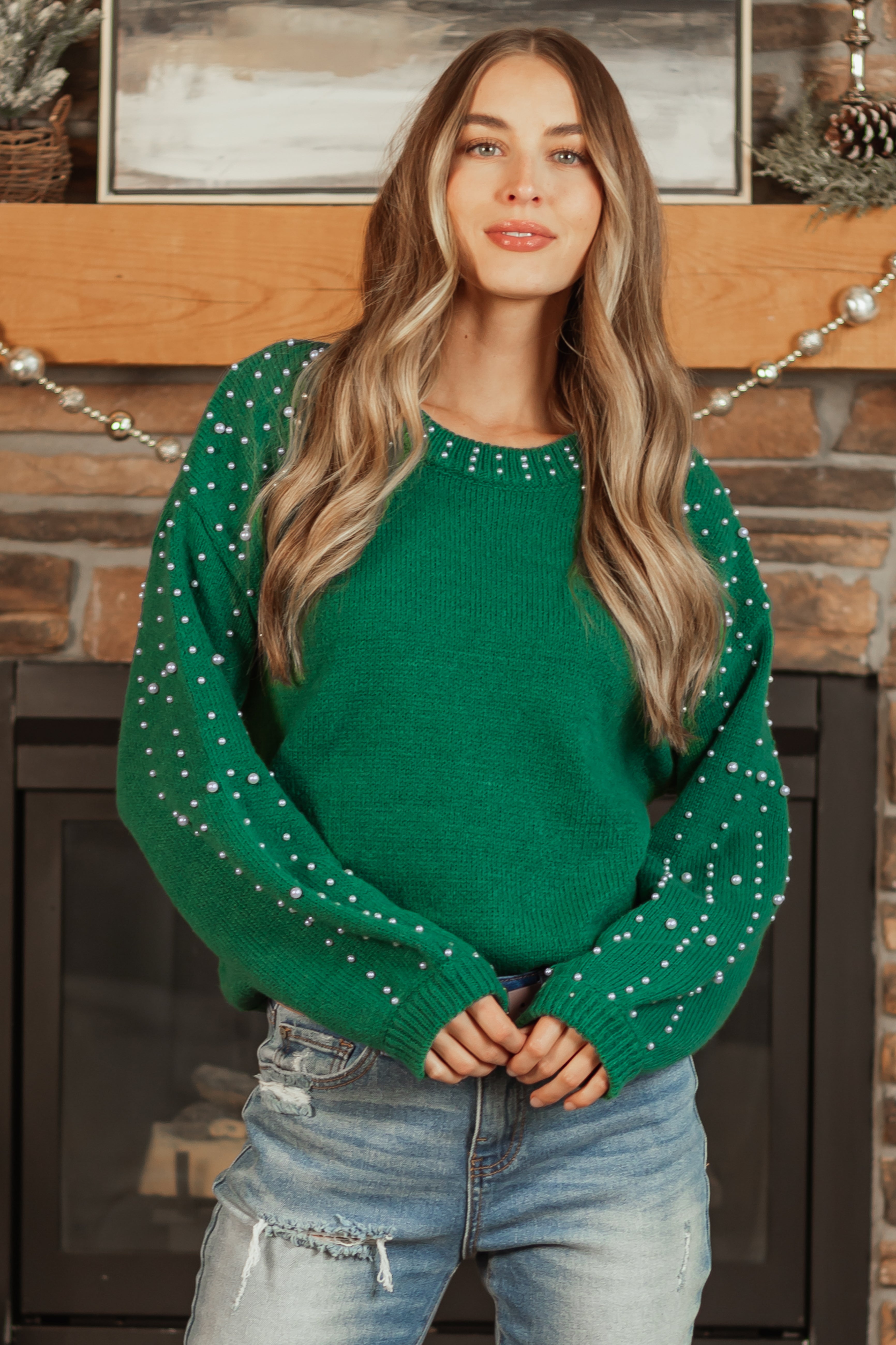 Jade Pearl Accent Balloon Sleeve Knit Sweater