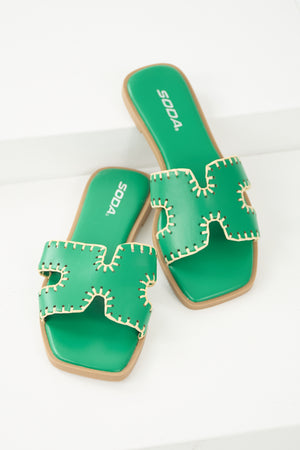 Jade Straw Trim Cut Out Strap Slide Sandals