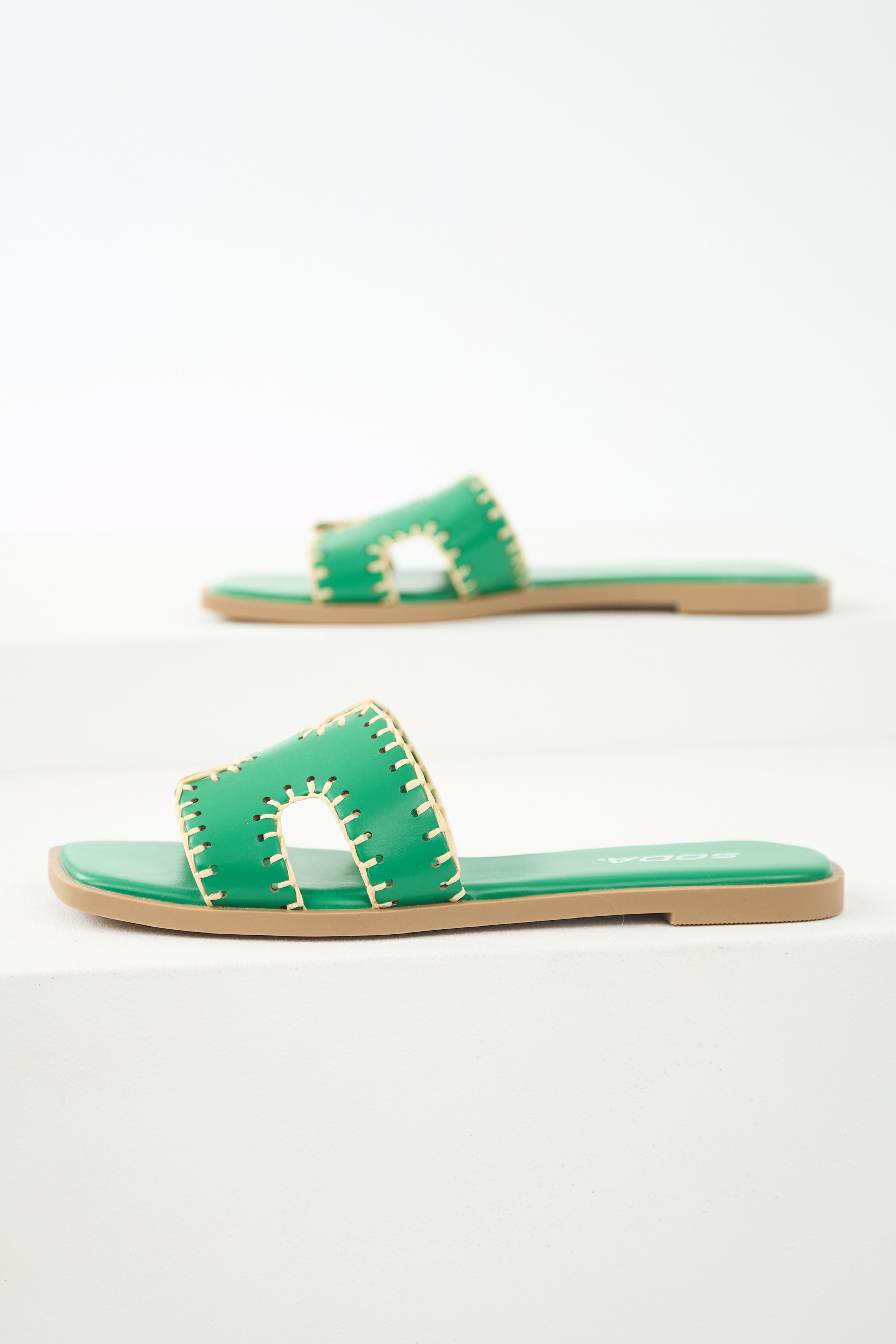 Jade Straw Trim Cut Out Strap Slide Sandals