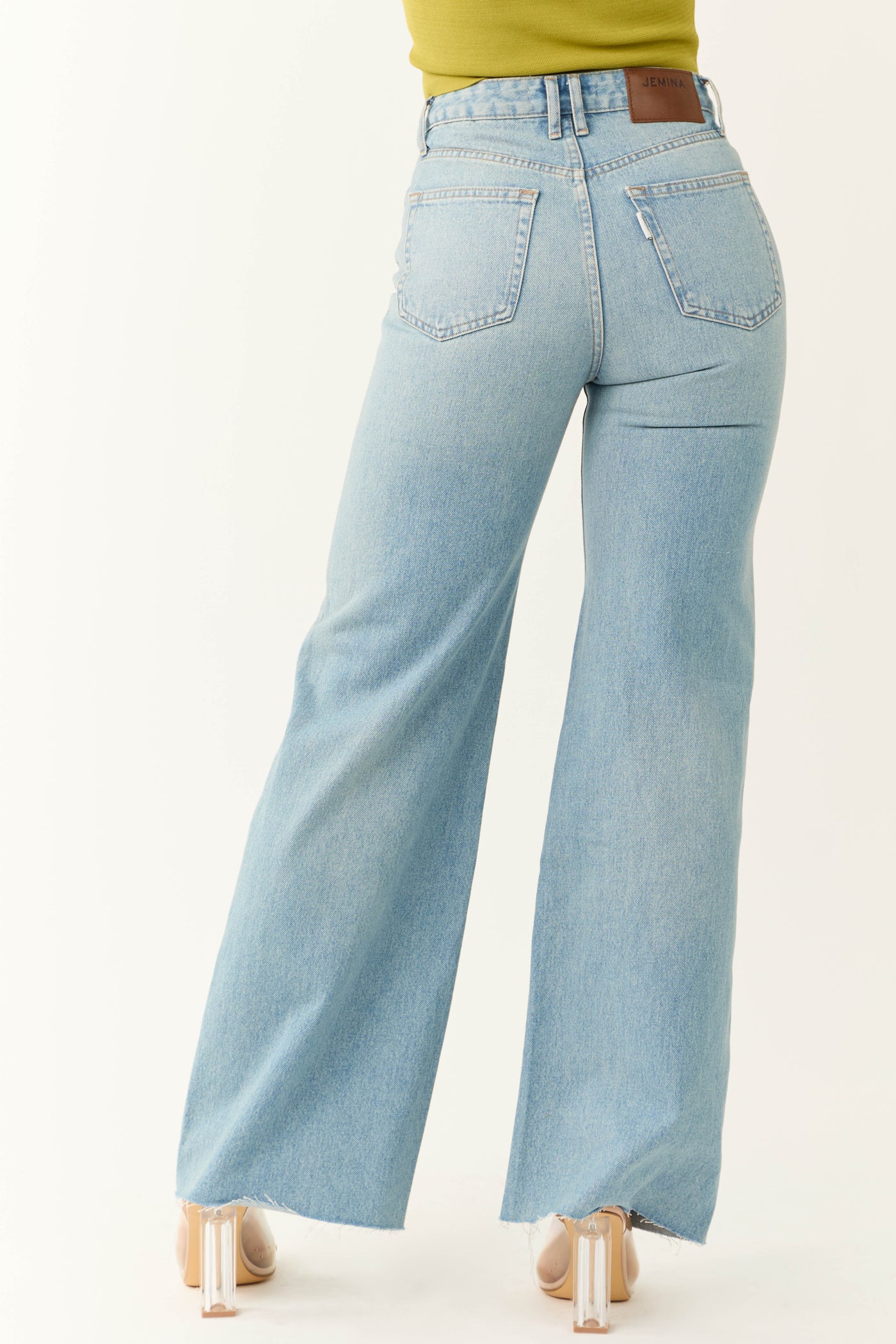 Jemina Light Wash Raw Hem Wide Leg Jeans