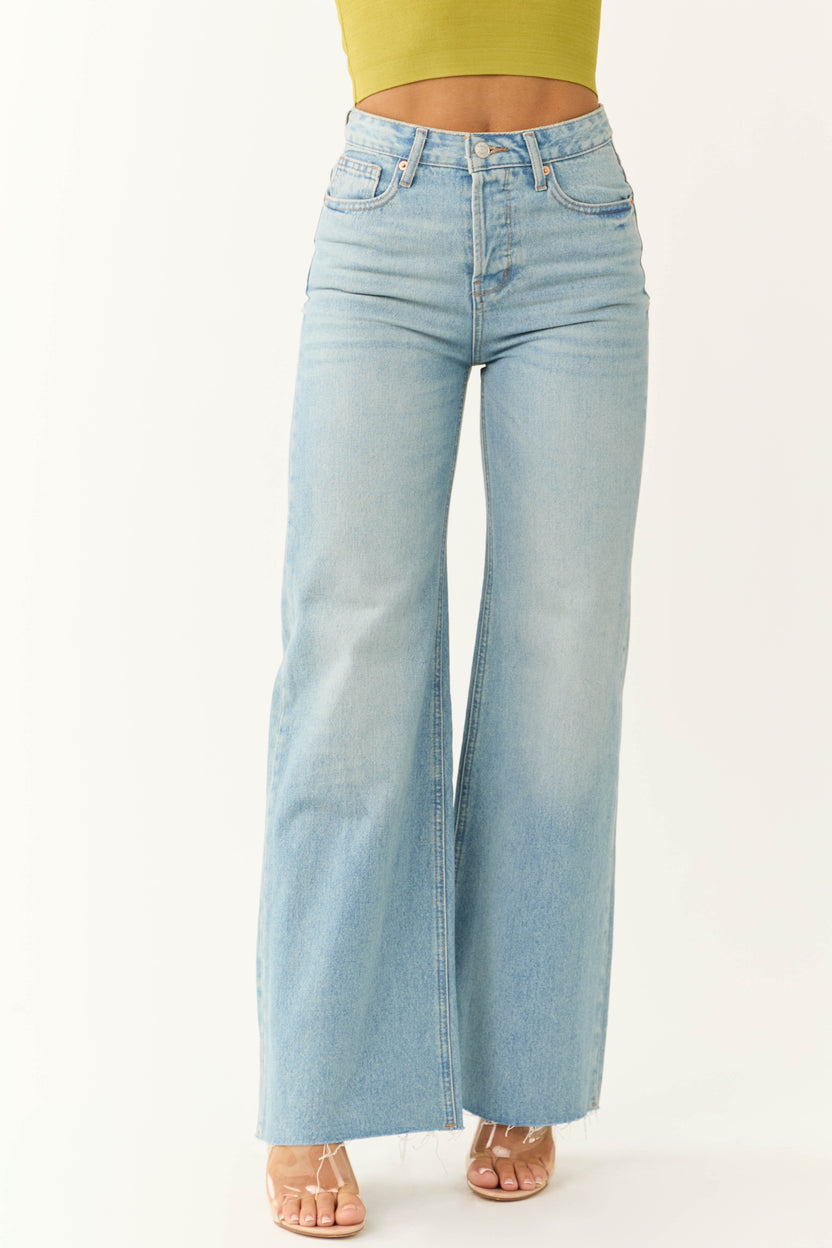 Jemina Light Wash Raw Hem Wide Leg Jeans