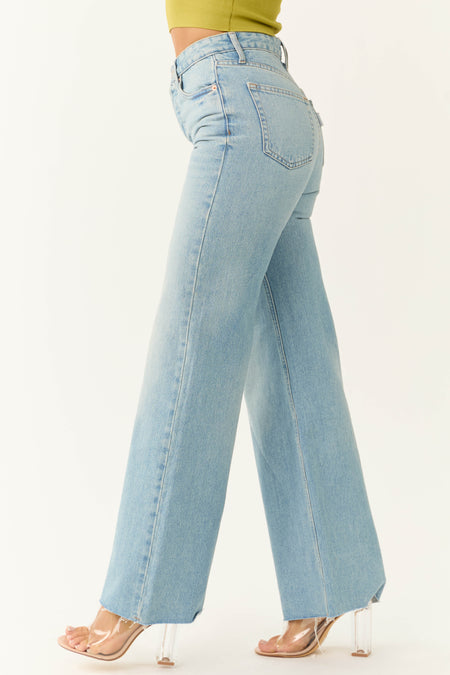 Jemina Light Wash Raw Hem Wide Leg Jeans